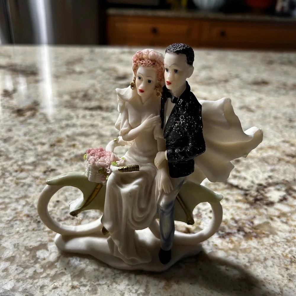 Vintage Style Bride and Groom on Bicycle Wedding Cake Topper Figurine Keepsake